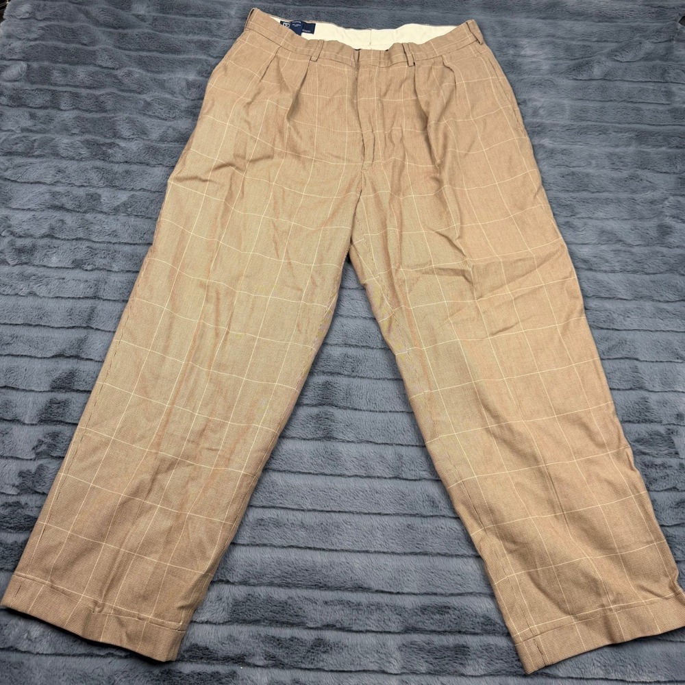 Polo Ralph Lauren Mens 33x32 Tan Windowpane Pleated Cotton Trousers Pants 11912